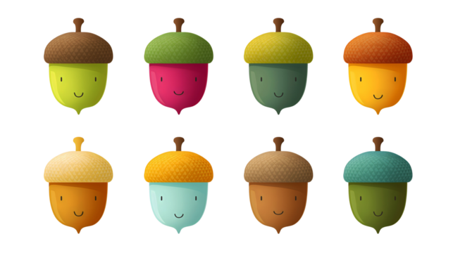 Cute colorful cartoon acorn characters with smiling faces illustration set on transparent background.