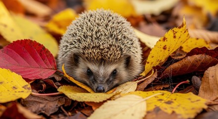 Hedgehog nestled among colorful autumn leaves, focusing intently forward with watchful dark eyes