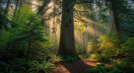 Sunlight streams through ancient forest