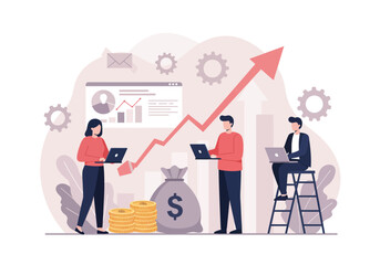 Modern Business Team Planning Financial Growth Strategy – Flat Style Vector Illustration with Charts, Graphs, Money Bag, Coins, Laptop, Arrow, Office Elements – Editable Design for Presentation.