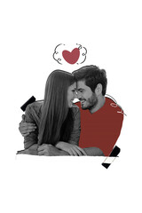 Composite trend artwork sketch image collage of monochrome young lady guy hugs bonding love heart...