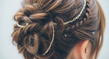 Closeup of a womans elegant braided updo hairstyle adorned with delicate golden threads and small pearls for a special occasion