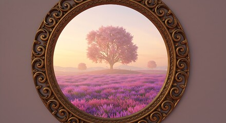 Elegant golden frame encasing a vibrant fantasy landscape, perfect for wall art, interior design, or creative editorial use
