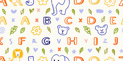 Cute hand drawn alphabet letters and playful animals pattern for children s educational design