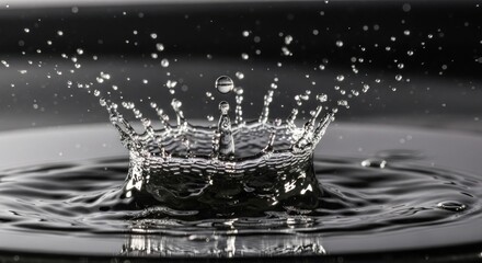 Water crown splash rising from a liquid surface, with scattered droplets