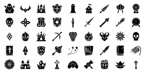 Collection of fantasy game icons including weapons armor castles and magical items