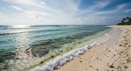 Sunny beach, turquoise water, gentle waves