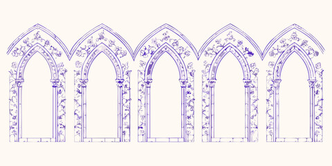 Ornate gothic arches decorated with floral vines and leaves in a repeating pattern