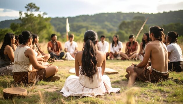 Indigenous Group Sitting in Circle Outdoor on Field Wearing Traditional Clothing in Sunlight at Daytime Focused on Unity and Cultural Heritage Ceremony