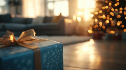 Holiday gift box in cozy living room with Christmas tree at sunset