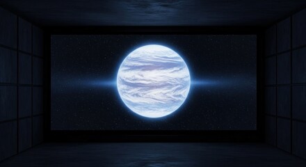 Planet image on screen in dim, enclosed chamber. Light reflects off floor & walls