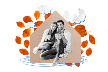 Composite photo collage of two happy girl guy cuddle cover blanket sit home hold coffee cup autumn foliage isolated on painted background