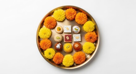 A round brass plate filled with colorful indian sweets and marigold flowers, isolated on white