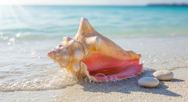 A beautiful pink conch shell rests on a sandy beach with gentle waves lapping at the shore under the bright sun
