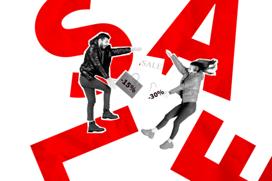 Composite trend artwork sketch image collage of big sale black friday percent discount silhouette young guy lady jump fly hold bag banner - Powered by Adobe