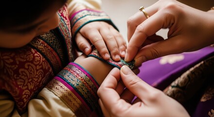 A mother carefully dressing her childs arm with a beautiful, ornate bracelet during a special occasion or cultural event