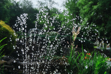 Water droplets spraying in the air with a blurred green background.
