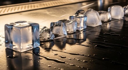 Line of ice cubes melting on a black, shiny surface, creating water droplets and reflections