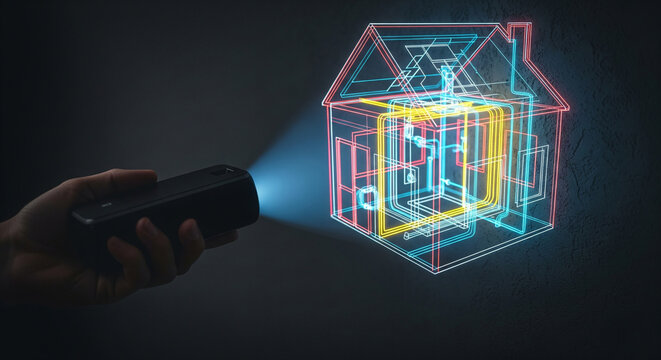 Hand holding a projector emitting a blue light beam that creates a holographic 3d wireframe model of a house on a dark background