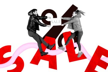 Composite trend artwork sketch collage of big black friday percent shopaholic discount couple young guy lady pull banner sale competition