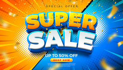 Shopping Day Super Sale Banner Design with Colorful 3d Typography Lettering and Falling Confetti on Comic Style Background. Vector Special Offer Campaign Discount Illustration for Coupon, Voucher