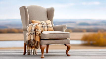 Cozy armchair with plaid blanket on wooden deck overlooking landscape  