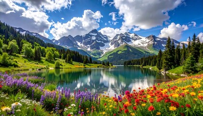 A scenic landscape with a pristine lake reflecting snow-capped mountains, surrounded by vibrant wildflowers and lush forests