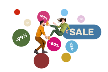 Composite trend artwork sketch image photo collage of sale black friday low prices percent young lady man karate kick punch clothes store