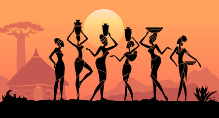 Vector illustration with silhouettes of African women carrying pots and baskets on their heads at sunset. Traditional ethnic culture, village life and African landscape © Slava Istr