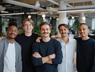 Group of young men smiling indoors
