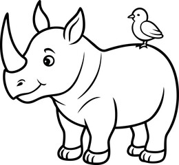 Rhino with Small Bird on Back Playful Line Art Vector Illustration, Cute Rhino and Bird Minimal Line Art Vector, Rhino with Bird Outline Illustration, Whimsical Animal Vector Art