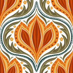 Seamless ornate floral pattern with  leaves and flowers in warm earthy tones. Elegant symmetrical design for textiles, wallpaper, packaging, stationery, fabrics, prints and home decor.