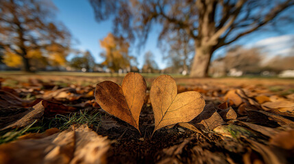 Two heart-shaped leaves surrounded by autumn foliage in park  