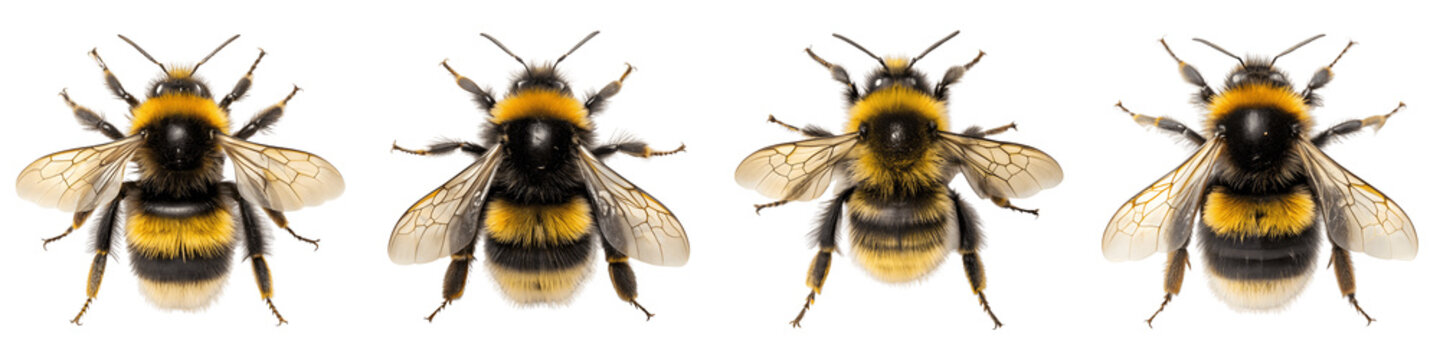 Set For Four bumblebees isolated on transparent background are shown together