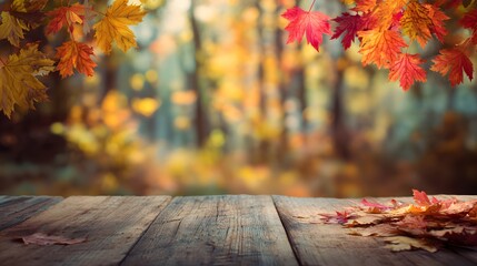 Autumn table with orange leaves on wooden planks in the forest