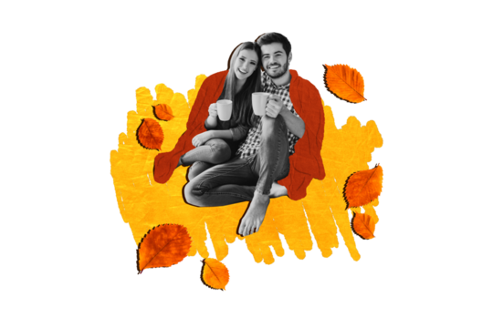 Composite photo collage of two happy girl guy hug together cover blanket autumn movie atmosphere love isolated on painted background