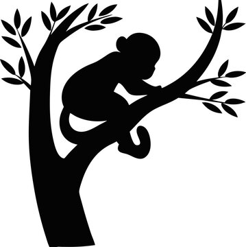 Sleeping Monkey Curled on Tree Silhouette Whimsical Vector, Sleeping Monkey Line Art Vector, Minimal Monkey Illustration, Monkey Outline Vector