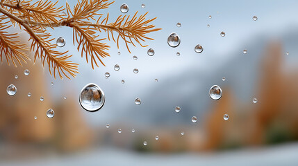 Raindrops on autumn pine tree branches in a blurred landscape  