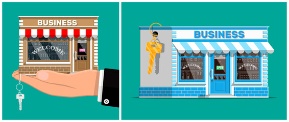 Hand holding a small business shop, next to another shopfront with an open sign. Startup and new small retail ownership concept.