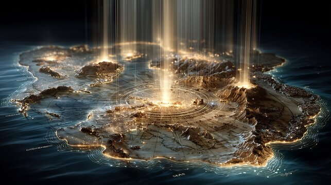 Glowing ancient maps uploaded into radiant futuristic digital cloud system symbolizing heritage preservation archaeological data archiving and cultural protection through advanced technology