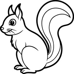 Sitting Squirrel with Bushy Tail Curled Whimsical Vector, Cute Woodland Animal Line Art Illustration