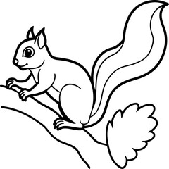 Squirrel Climbing Tree Branch Playful Vector Outline, Cute Woodland Animal Silhouette Illustration