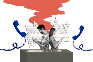 Trend artwork sketch image collage of space text paper page obsolete young lady man hold smartphone conversation obsolete landline phone