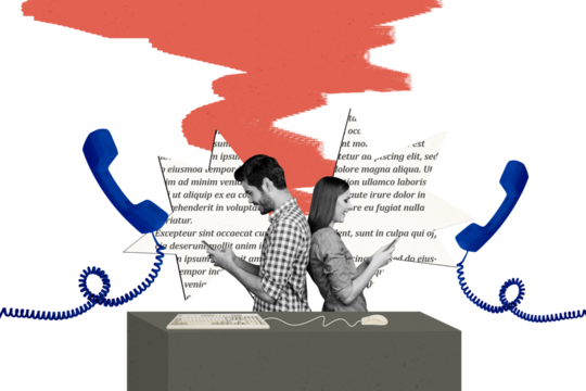 Trend artwork sketch image collage of space text paper page obsolete young lady man hold smartphone conversation obsolete landline phone