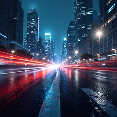 Obraz premium Night city street with light trails from passing cars. Modern skyscrapers, urban architecture create vibrant cityscape. Wet road reflects colorful lights, suggesting speed, motion in downtown area.