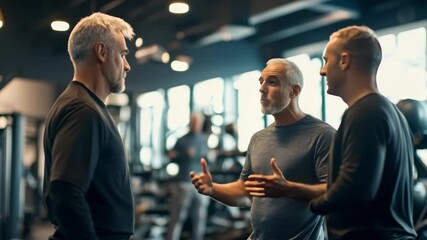 Three male gym goers engaging in discussion, possibly discussing their fitness routines or sharing tips and techniques related to exercise equipment.