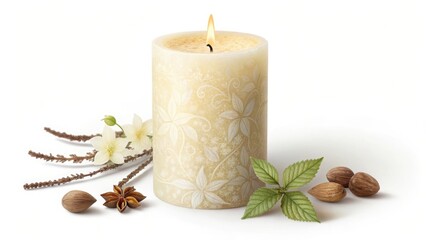 Aromatic candle with gentle flame isolated on for serene ambiance and relaxation isolated on white background