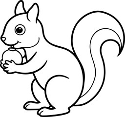 Cute Squirrel Holding a Nut Minimalist Line Art Vector, Adorable Woodland Animal Outline Illustration