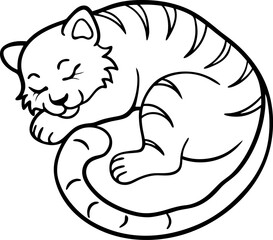 Sleeping Tiger Curled in a Ball, Whimsical Line Art Big Cat Illustration, Minimalist Wildlife Animal Drawing, Cute Resting Tiger Cub Vector