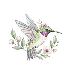 Charming hummingbird with delicate blossoms, a beautiful symbol of nature's grace and vibrant life
